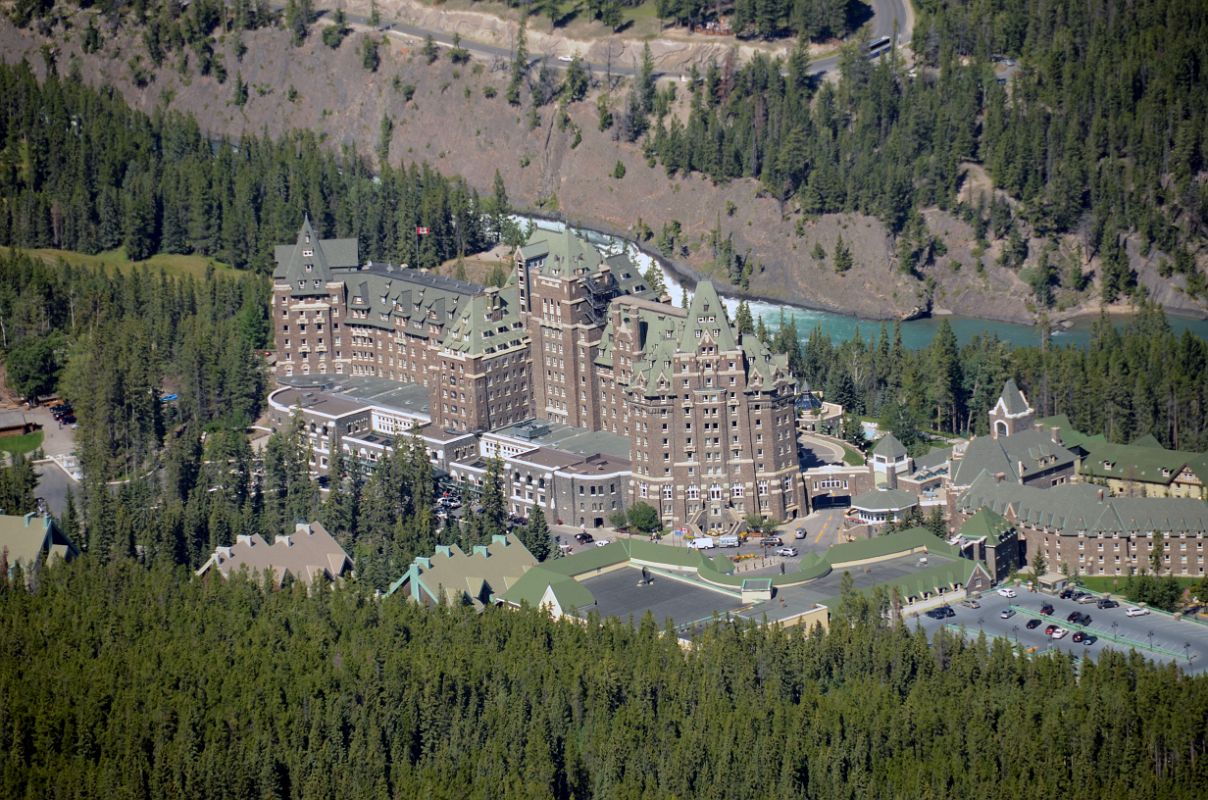 08 Banff Springs Hotel From Banff Gondola With Bow Falls and Surprise Corner Behind In Summer